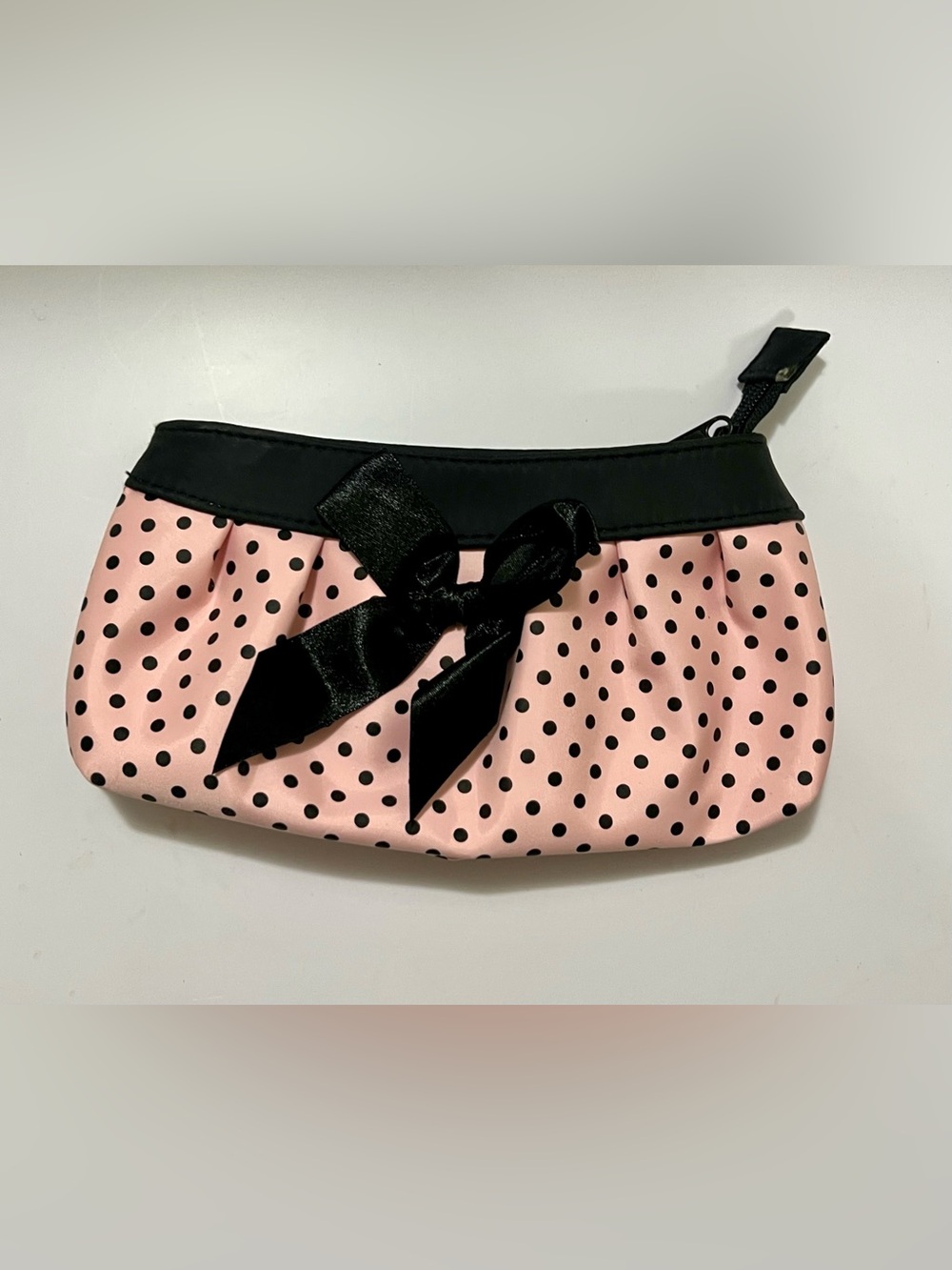Pink Black Polka Dot Bow Cosmetic Makeup Bag Pouch